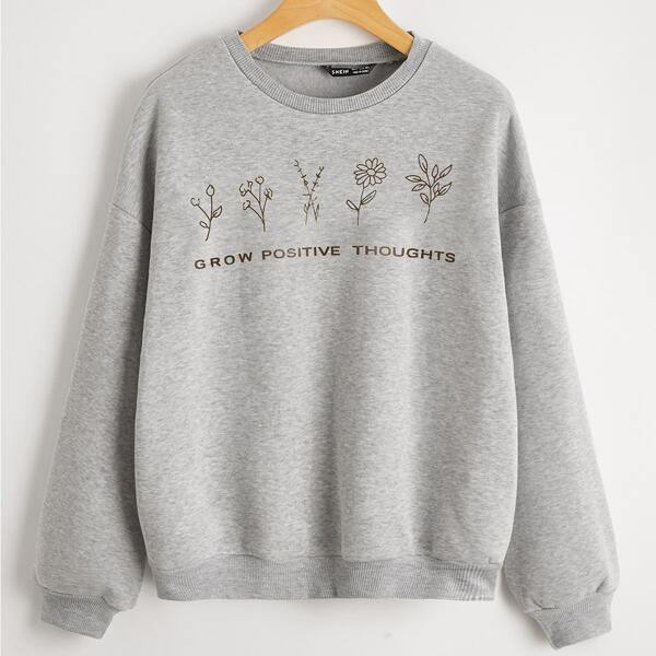 

Slogan & Floral Print Pullover, Light grey