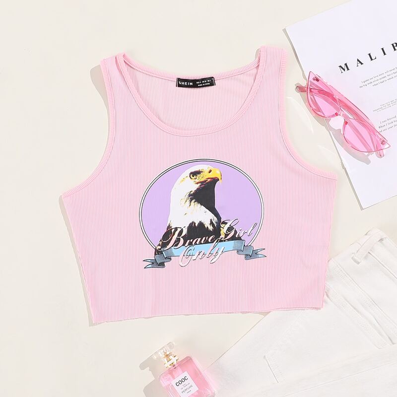 

Letter & Eagle Print Tank Top, Baby pink