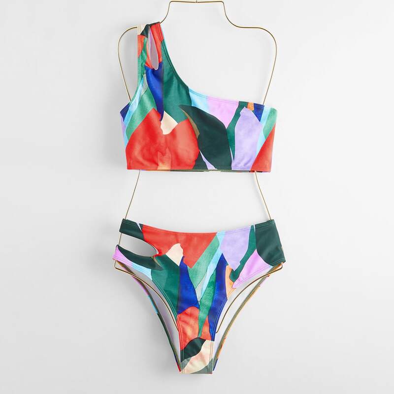 

One Shoulder Allover Print Cut-out Bikini Swimsuit, Multicolor