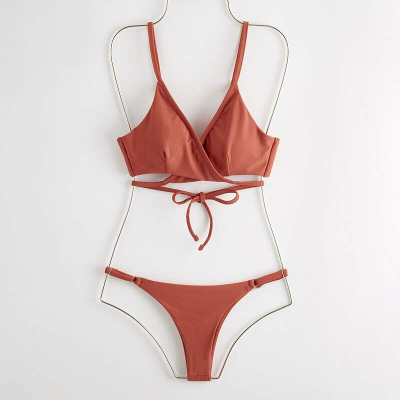 

Solid Wrap Bikini Swimsuit, Rust brown