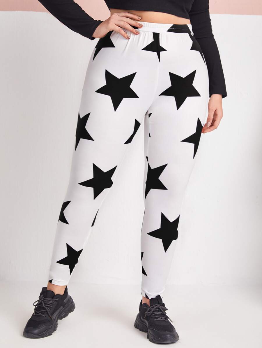 SHEIN Plus Star Print Leggings - White - View 1