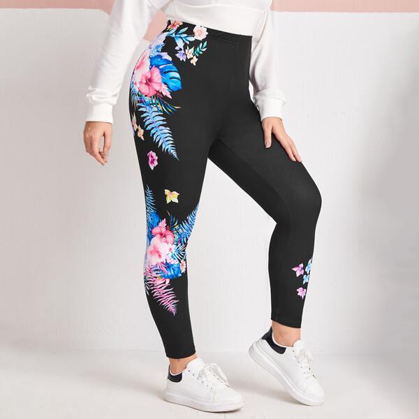 

Plus Floral Print Leggings, Black