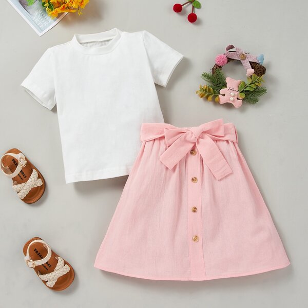 

Baby Girl Mock Neck Tee With Button Front Belted Skirt, Multicolor