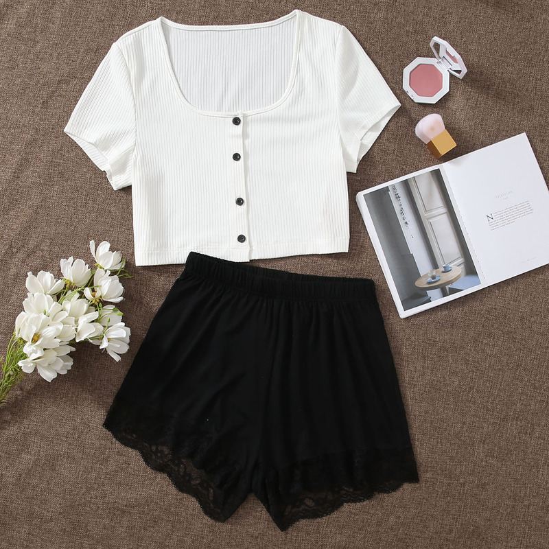 

Button Front Crop Tee & Shorts PJ Set, Black and white