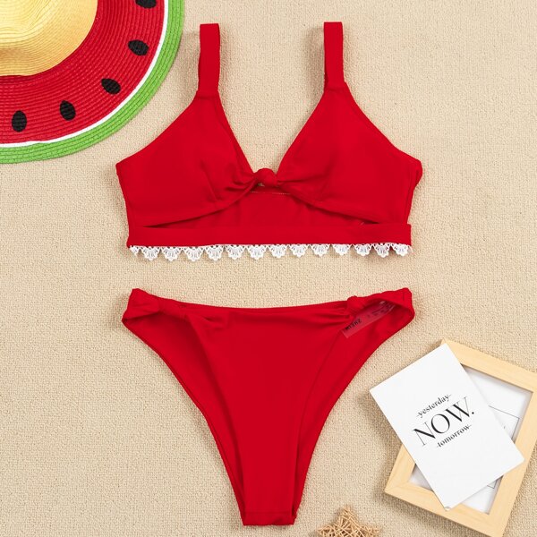 

Lace Trim Knot Detail Bikini Swimsuit, Red