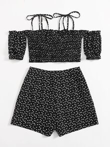 Top corto ribete con fruncido con estampado de corazón de confeti con shorts - Negro - Ver 2