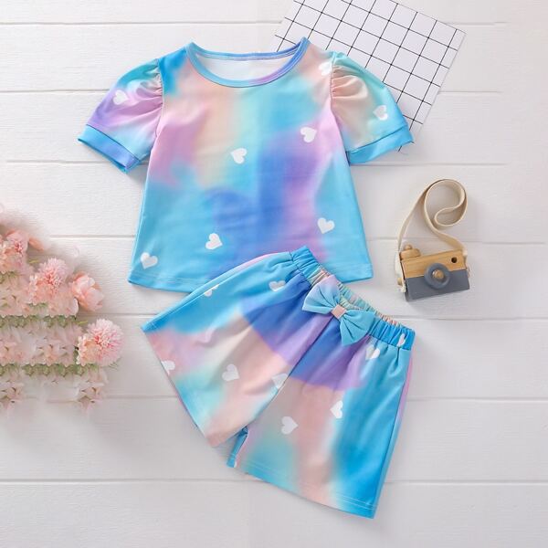 

Toddler Girls Tie Dye And Heart Print Tee With Bow Front Shorts, Multicolor