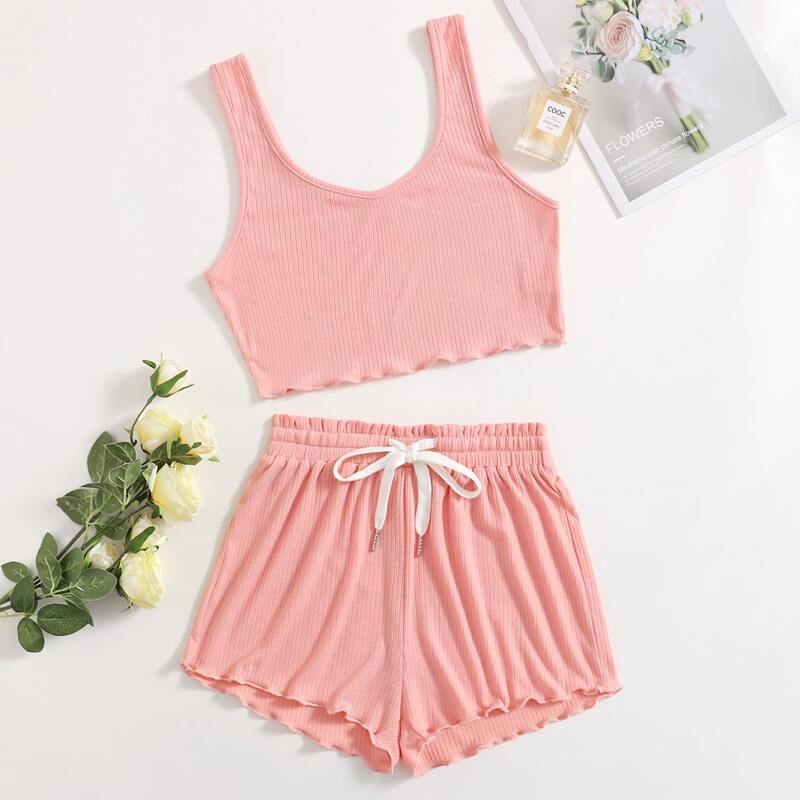 

Ribbed Lettuce Trim Drawstring Waist Lounge Set, Coral pink