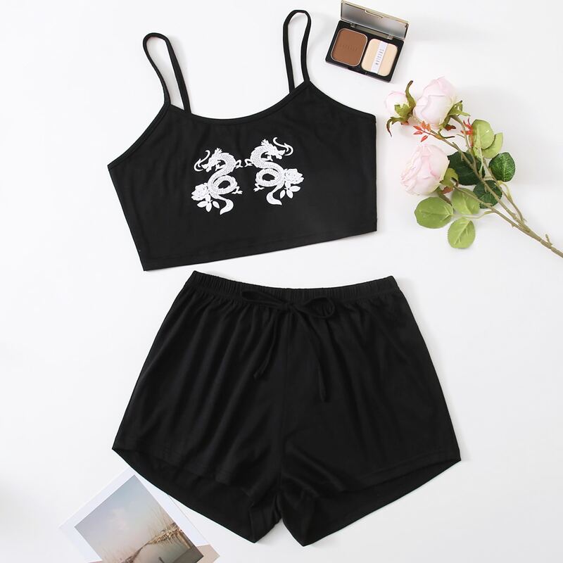 

Chinese Dragon Print Knot Detail Cami PJ Set, Black