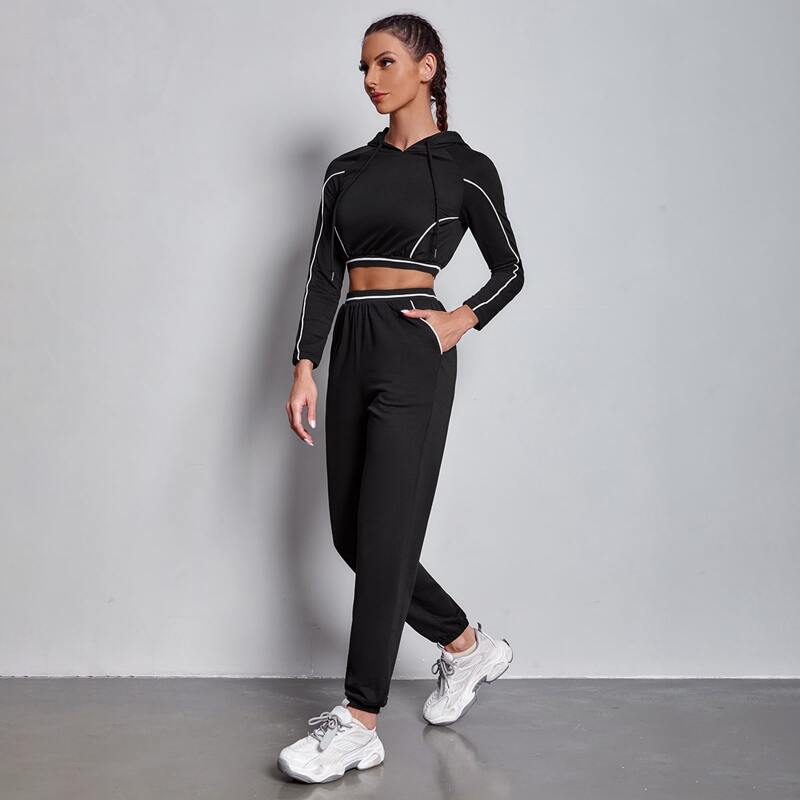 

Contrast Piping Sports Hoodie With Pants, Black