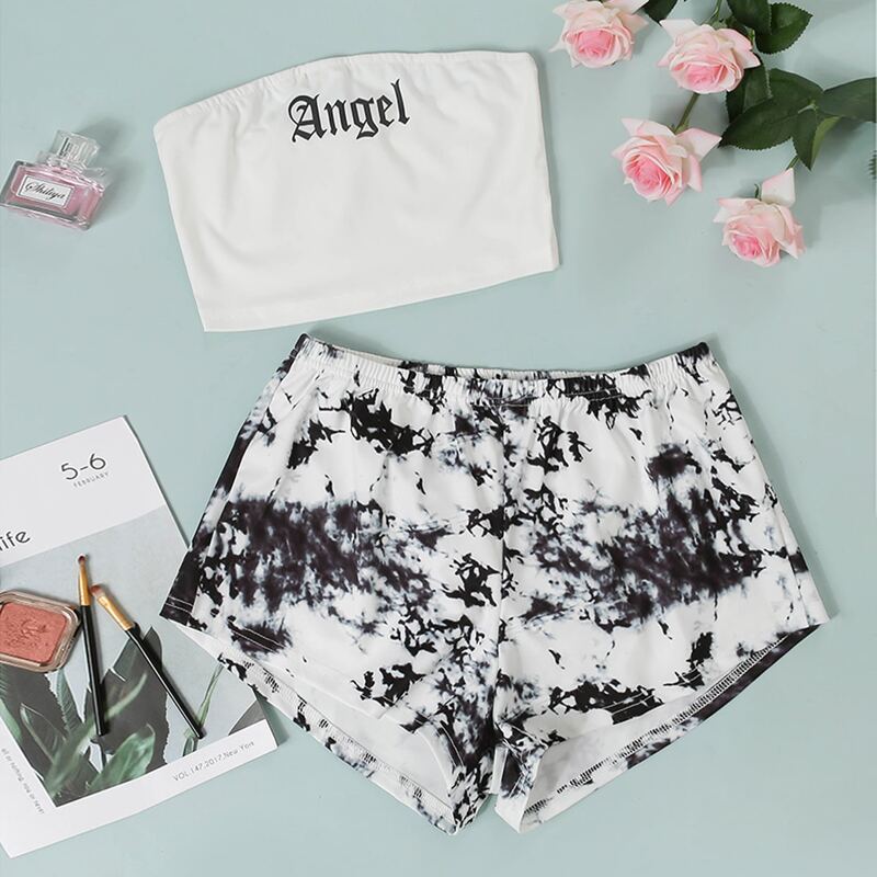 

Letter And Tie Dye Tube Pajama Set, Black and white
