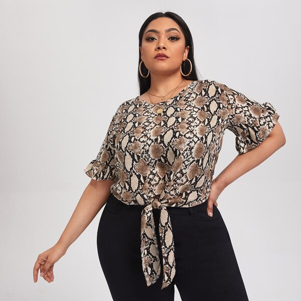

Plus Snakeskin Print Ruffle Trim Knot Hem Blouse, Multicolor