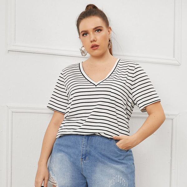 

Plus Patch Pocket Striped Top, Black and white