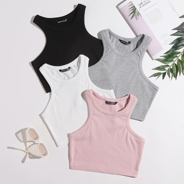

4pcs Ribbed Solid Tank Top, Multicolor