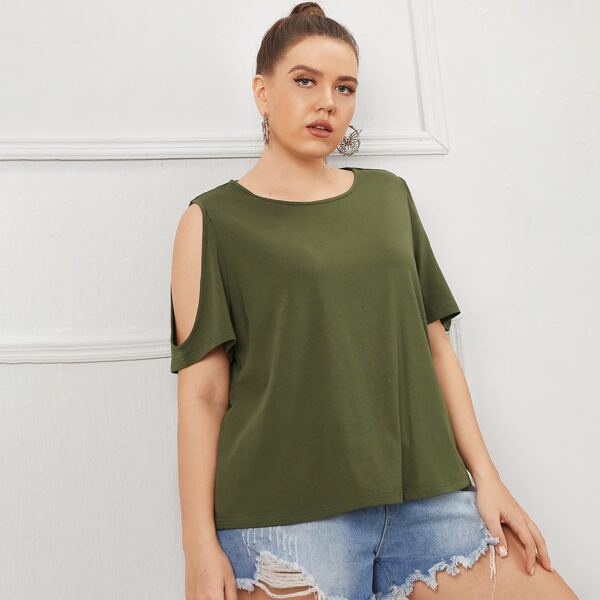 

Plus Cold Shoulder Solid Tee, Army green