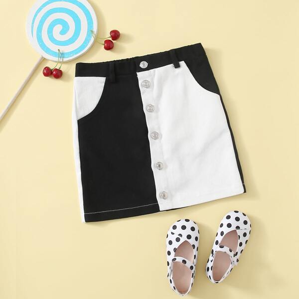 

Girls Colorblock Button Front Skirt, Black and white
