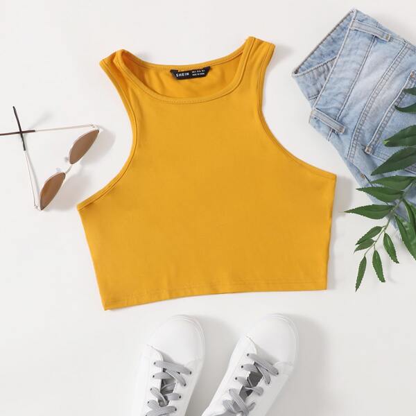 

Solid Crop Slim Tank Top, Mustard yellow