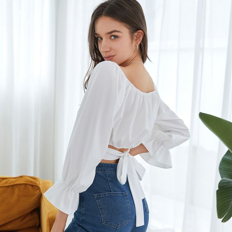 

Solid Tie Back Crop Top, White