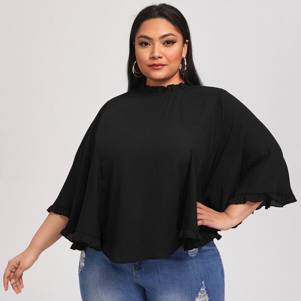 

Plus Frill Neck Bell Sleeve Top, Black