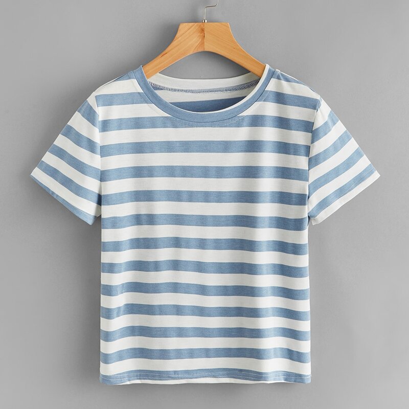 

Striped Round Neck Tee, Blue and white