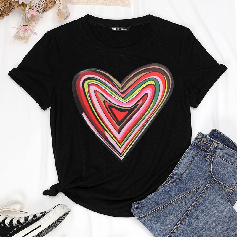 

Rainbow Heart Print Tee, Black
