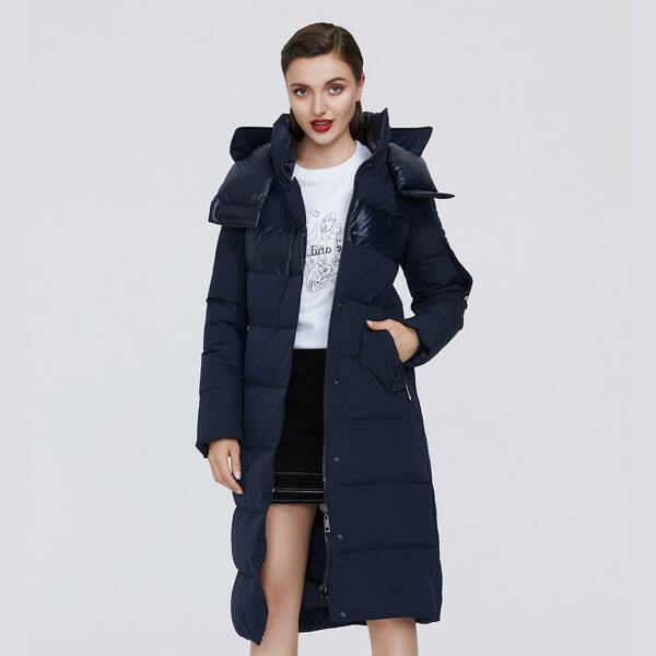 

Letter Patched Detail Hooded Puffer Coat, Navy blue