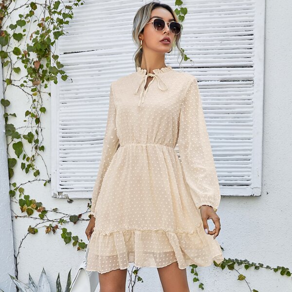 

Swiss Dot Ruffle Neck A-line Dress, Beige