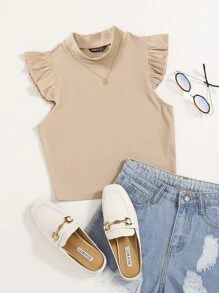 SHEIN Essnce Top côtelé unicolore à volants - Kaki - Voir 1