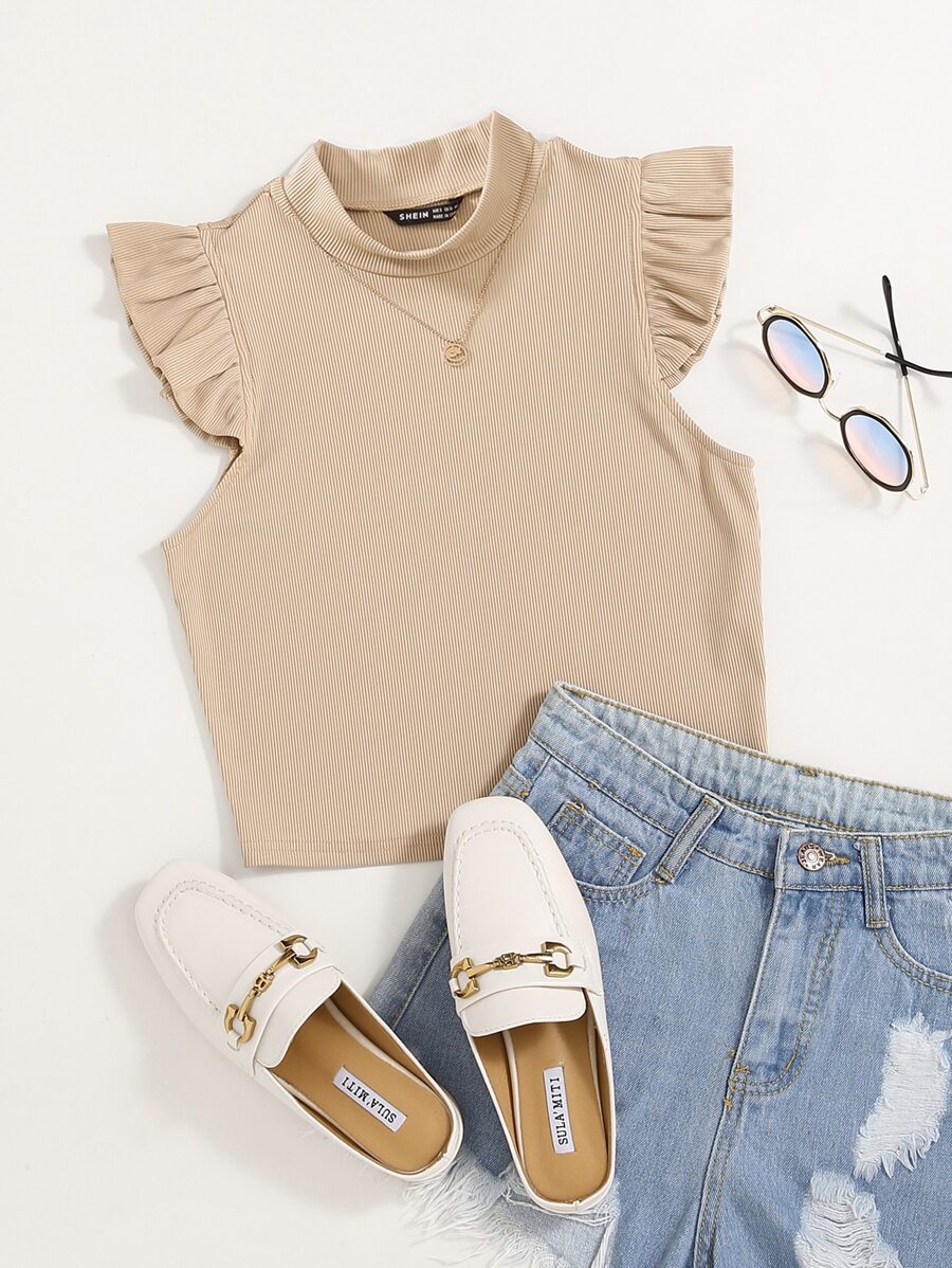 SHEIN Essnce Top côtelé unicolore à volants - Kaki - Voir 1
