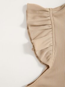 SHEIN Essnce Top côtelé unicolore à volants - Kaki - Voir 4
