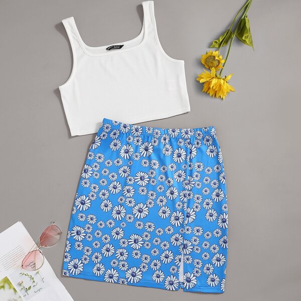 

Tank Top With Daisy Floral Split Hem Skirt, Blue and white