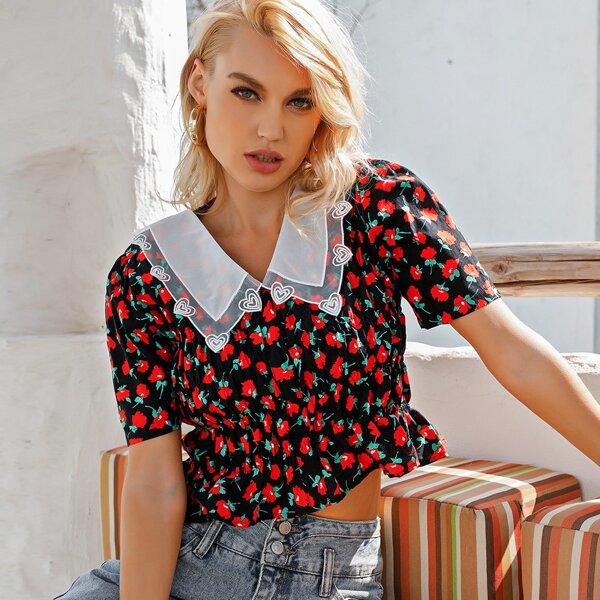 

Floral Contrast Statement Collar Peplum Blouse, Multicolor