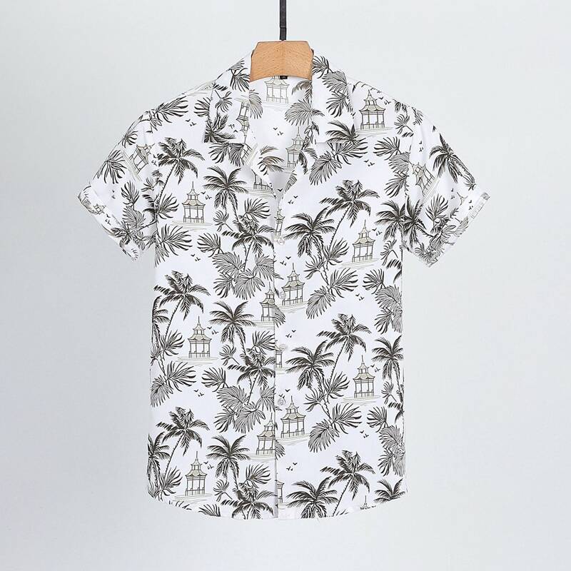 

Guys Plants Print Button Front Shirt, Black and white
