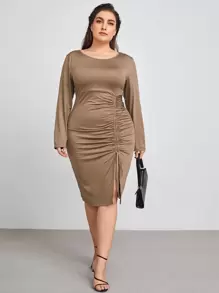 Plus Solid Drawstring Ruched Front Split Dress - Mocha Brown - View 1