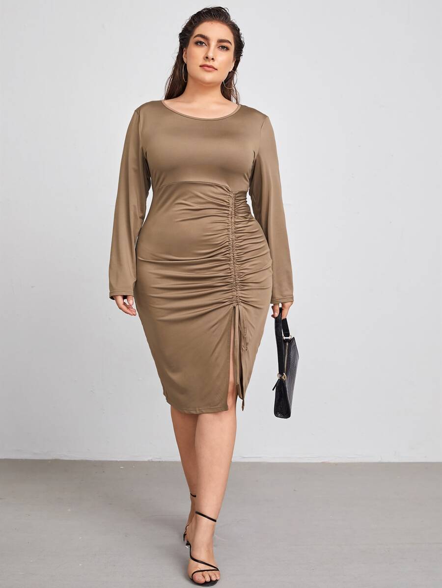 Plus Solid Drawstring Ruched Front Split Dress - Mocha Brown - View 1