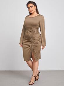 Plus Solid Drawstring Ruched Front Split Dress - Mocha Brown - View 3