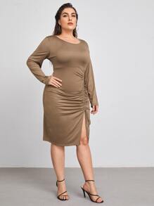 Plus Solid Drawstring Ruched Front Split Dress - Mocha Brown - View 4