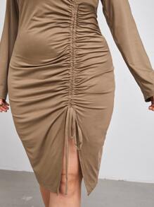 Plus Solid Drawstring Ruched Front Split Dress - Mocha Brown - View 5