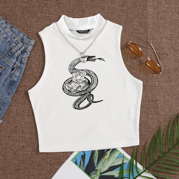 

Snake And Flower Print Tank Top, White
