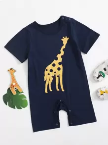 男嬰卡通圖案T恤連身短褲 - 藏蓝色 - 查看 1