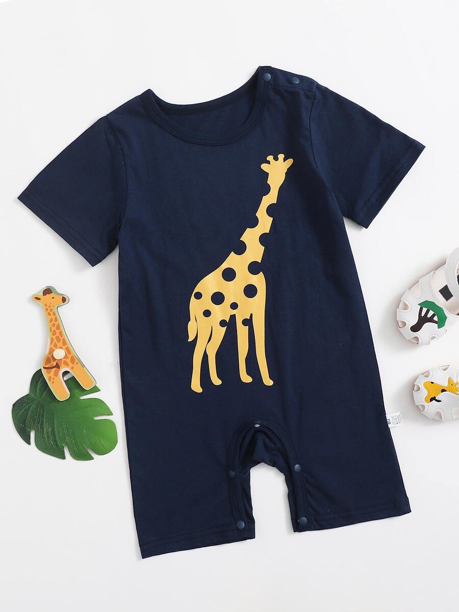 男嬰卡通圖案T恤連身短褲 - 藏蓝色 - 查看 1