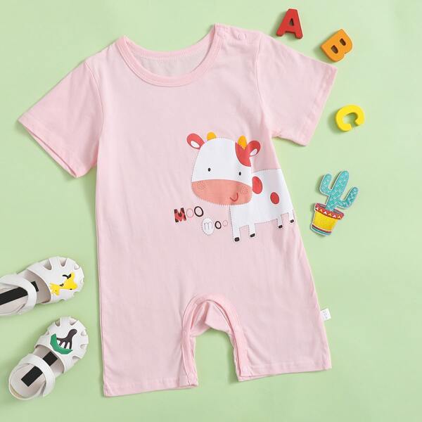 

Baby Girl Cartoon & Letter Graphic Tee Romper, Baby pink