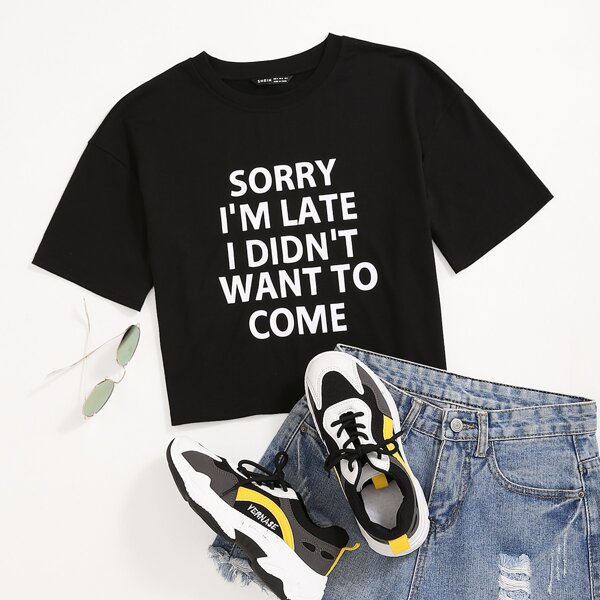 

Slogan Graphic Crew Neck Tee, Black
