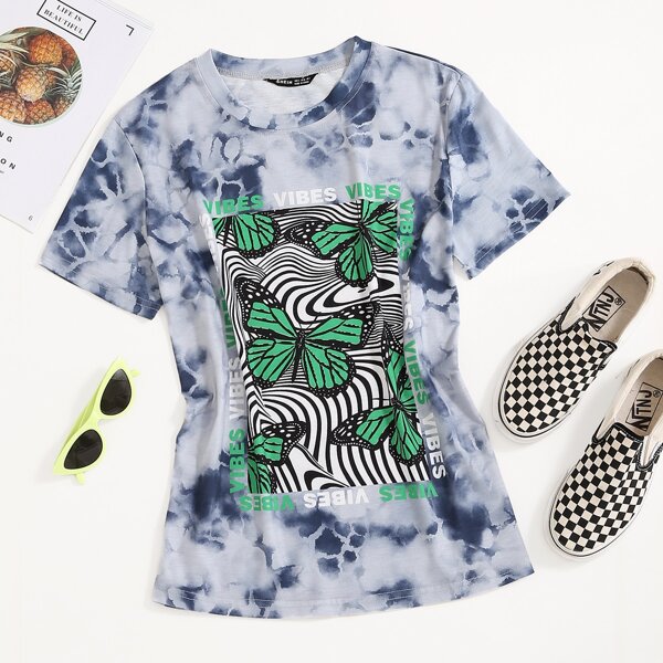 

Butterfly Print Short Sleeve Tee, Multicolor
