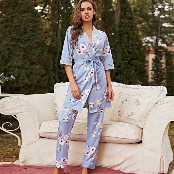 

Floral Print Belted Night Robe With Pants, Baby blue