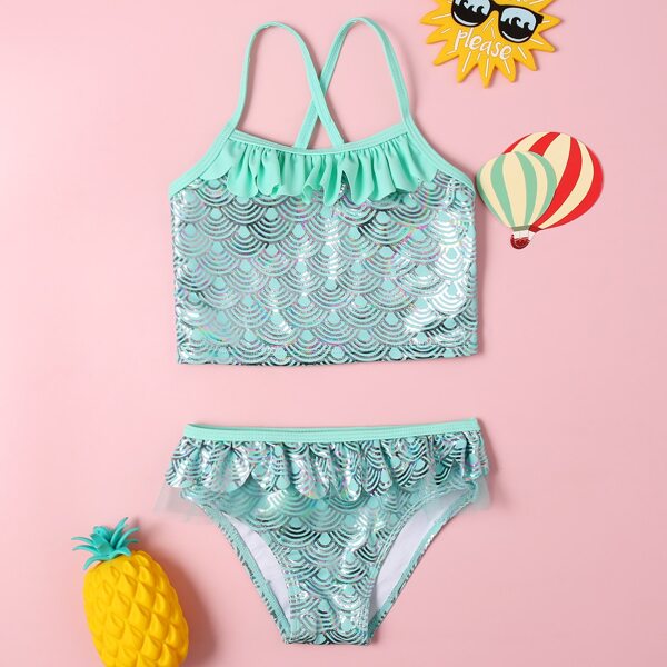

Toddler Girls Fish Scales Ruffle Bikini Swimsuit, Mint green