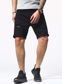 Manfinity LEGND Men Zip Fly Ripped Denim Shorts - Black - View 1