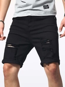 Manfinity LEGND Men Zip Fly Ripped Denim Shorts - Black - View 3
