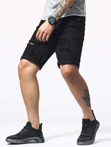 Manfinity LEGND Men Zip Fly Ripped Denim Shorts - Black - View 5