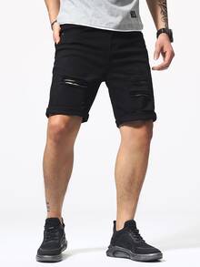 Manfinity LEGND Men Zip Fly Ripped Denim Shorts - Black - View 7